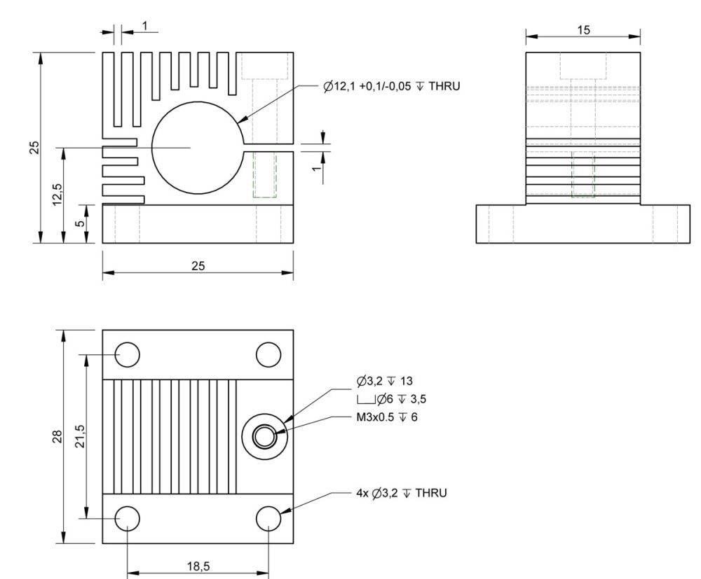 Mount / heatsink for 12mm assemblies or laser modules